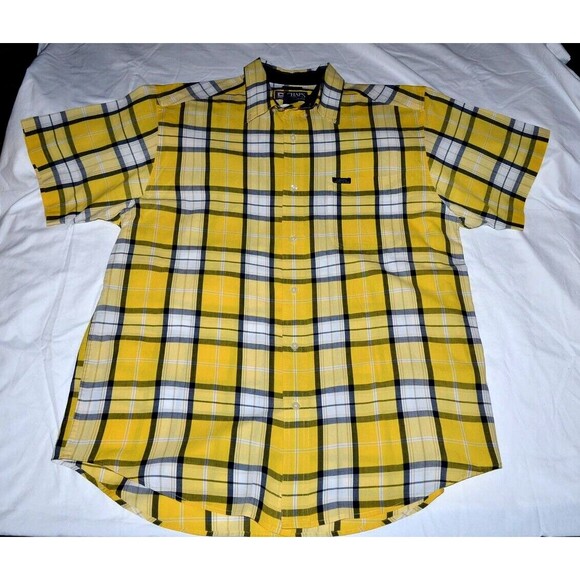 Chaps mens Easy Care Shirt L Yellow Check Short Sleeve Button Down Ralph Lauren - Picture 1 of 7
